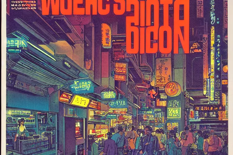 Prompt: 1 9 7 9 science fiction magazine cover depicting a row of shops downtown in neo - tokyo. in the style of bladerunner concept art by syd mead