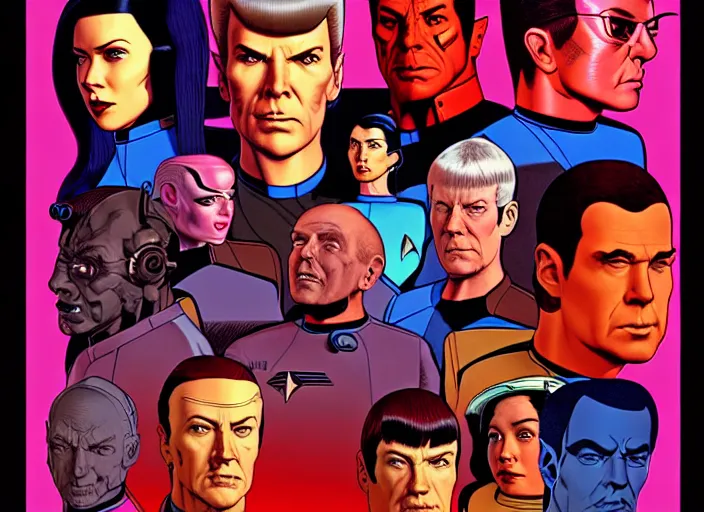 Image similar to cyberpunk star trek tos crew. portrait by stonehouse and mœbius and will eisner and gil elvgren and pixar. character design. realistic proportions. star trek 1 9 7 7 character art, blade runner 2 0 4 9 concept art. cell shading. attractive face. thick lines. the team. diverse characters. artstation.