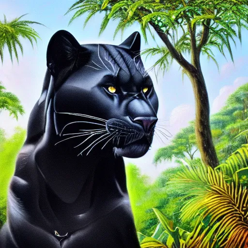 Image similar to oil on canvas of one beautiful majestic black panther. beautiful. mysterious. intricately detailed. meticulously rendered. background is a jungle. hd. trending on art station. h 7 6 8