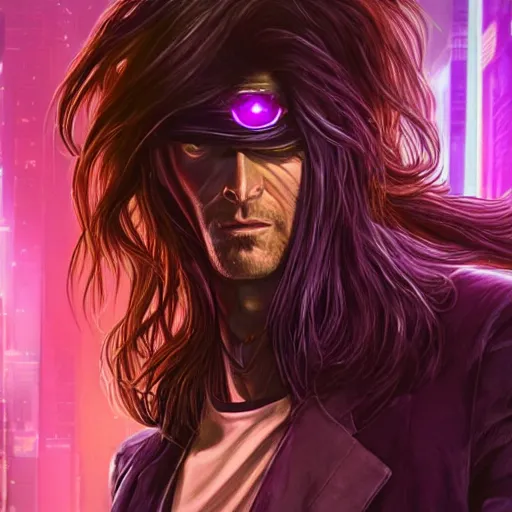 Image similar to long haired man with extremely large and intricate eye cyberpunk bionics with angry purple eyes and slim features looking askance,