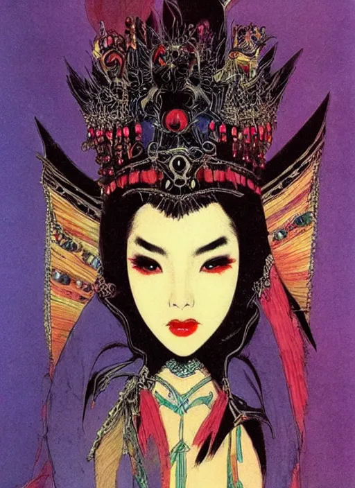 Prompt: svelt female korean vampiress, jeweled headdress, heavy mascara, strong line, saturated color, beautiful! coherent! by frank frazetta, high contrast, minimalism