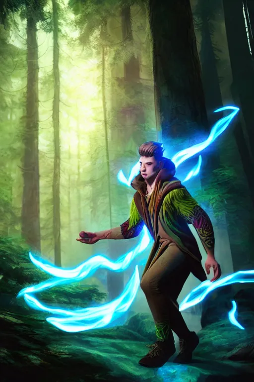 Image similar to a human elemental sorcerer, forest setting, colorful magic, male, white skin, young, sharp focus, concept art, dynamic lighting, unreal engine, by stu harrington