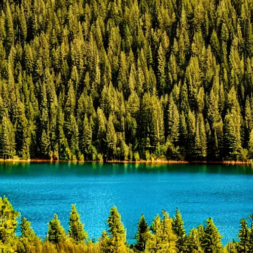 Image similar to a lake surrounded by pine trees with mountains in the background in the style of Bob Ross