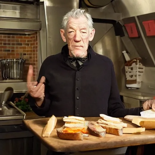 Image similar to film still of ian mckellen disappointed by a sandwich