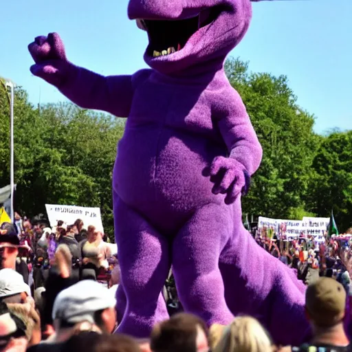 Image similar to Barney the Dinosaur spotted at a Nazi rally