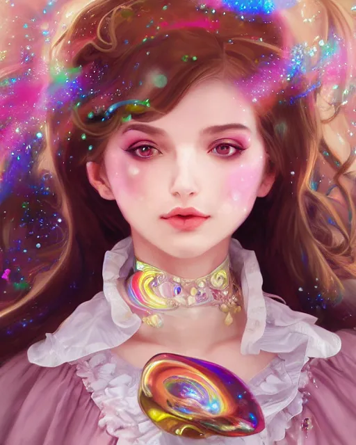 Image similar to portrait of magical lolita girl, dreamy and ethereal, expressive pose, big gold eyes, exciting expression, fantasy, intricate, elegant, many rainbow bubbles, rose tones, highly detailed, digital painting, artstation, concept art, cyberpunk wearing, smooth, sharp focus, illustration, art by artgerm and greg rutkowskiand alphonse mucha