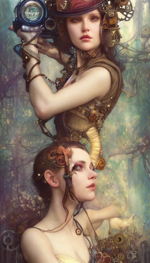 Image similar to hyper realistic photographer looking through camera, magical, steampunk, painted by tom bagshaw, mucha, gaston bussiere, craig mullins, j. c. leyendecker 8 k