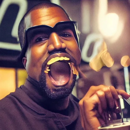 Image similar to blurry, gopro footage of kanye west eating at taco bell, cinematic, volumetric lighting, night, rain