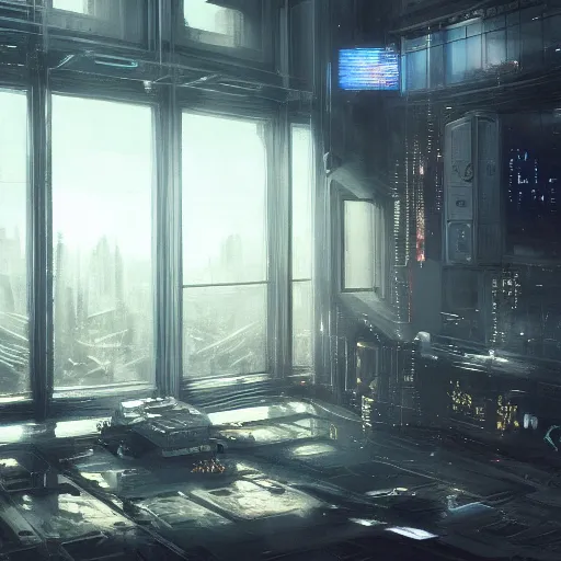 Prompt: cyberpunk living room interior, windows, light rays, buildings, dystoptian, gorgeous view, no person, depth, painted by Seb McKinnon, clouds, tending on artstation