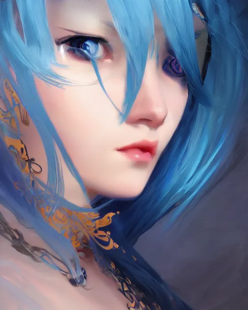 Image similar to stunningly beautiful female blue hair, dj sura, dj geadset, fantasy art, dark light night, sharp focus, digital painting, 8 k, concept art, art by wlop, artgerm, greg rutkowski and alphonse mucha