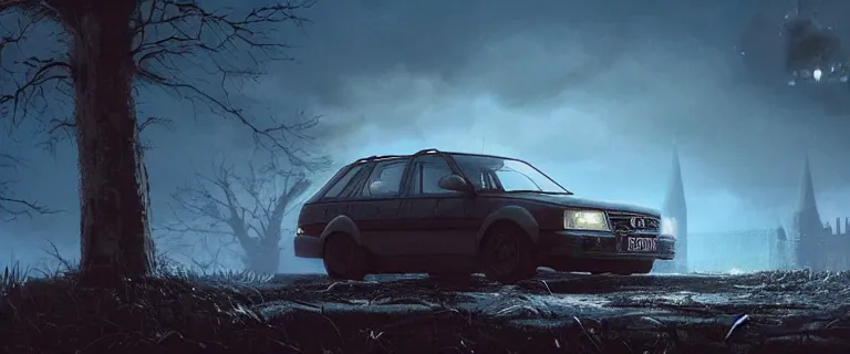 Image similar to Armored and Armed Audi 80 B3 Avant (1988), Dark Souls 3, a grim fantasy, Anor Londo, dramatic lighting, cinematic, establishing shot, extremely high detail, photorealistic, cinematic lighting, artstation, by simon stalenhag