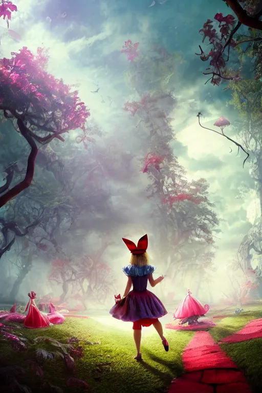 Image similar to Alice in wonderland on DMT, dramatic lighting, cinematic, establishing shot, extremely high detail, foto realistic, cinematic lighting, post processed, concept art, high details, cinematic, 8k resolution, beautiful detailed, photorealistic, digital painting, artstation, concept art, smooth, sharp focus, artstation trending, octane render, unreal engine