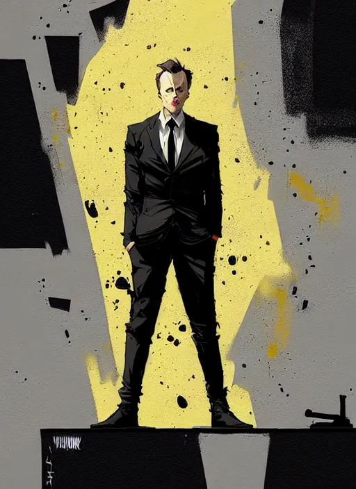 Image similar to highly detailed closeup portrait of angry handsome martin wallstrom, tyrell wellick, wearing suit by atey ghailan, by greg rutkowski, by greg tocchini, by james gilleard, by joe fenton, by kaethe butcher, gradient cyan, brown black, yellow and white only color scheme, grunge aesthetic!!! ( ( graffiti tag wall background ) )