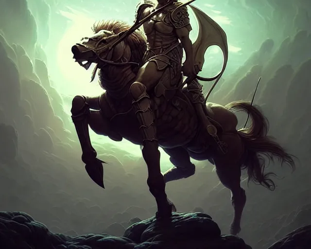 Image similar to centaur centaur centaur chimera :: Paladin, fearsome, beautiful, DnD character art portrait, mythical creature, male, plate armor, matte fantasy painting, DeviantArt Artstation, by Beeple Gustave Dore by Jason Felix by Steve Argyle by Tyler Jacobson by Peter Mohrbacher, cinematic lighting.