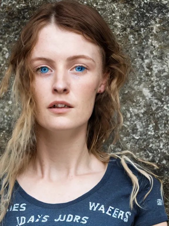 Image similar to hyperdetailed close shot of daisy edgar - jones, winds of winter, with ripped crop t - shirt with a logo, fine - face, pretty face