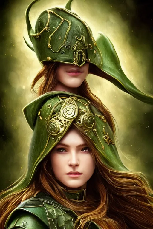 Prompt: a beautiful photo of a young woman, green elf ranger with long flowing hair and a green leather hood, elf ranger leather armor with olive green and brown colors and gold lining, young female face, cinematic top lighting, insanely detailed and intricate, face by wlop, Charlie Bowater, designs by zhelong xu and gustave doré, golden ratio, symmetric, elegant, ornate, luxury, elite, matte painting, cinematic, trending on artstation, deviantart and cgsociety, 8k, high resolution