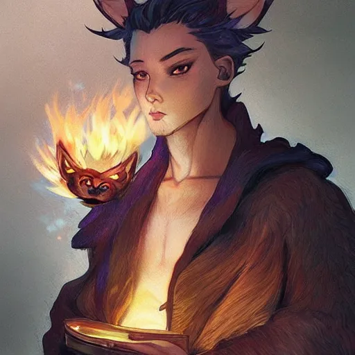 Image similar to male kitsune furry with dark fur, carries a tome, surrounded by floating fire orbs, shortsword, charismatic, young, dark clothing, elegant, digital illustration, detailed, intricate, sharp focus, digital painting, deep focus, digital painting, artstation, concept art, matte, art by artgerm and greg rutkowski and alphonse mucha