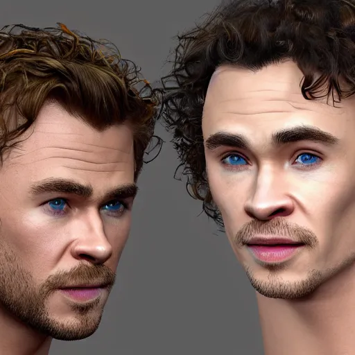 Image similar to Chris Hemsworth and Robert Sheehan crossbreed, rendered in 3D by Xie Boli, trending on artstation, 4k, 8k, photorealistic imagery, photorealistic details, intricate, highly detailed