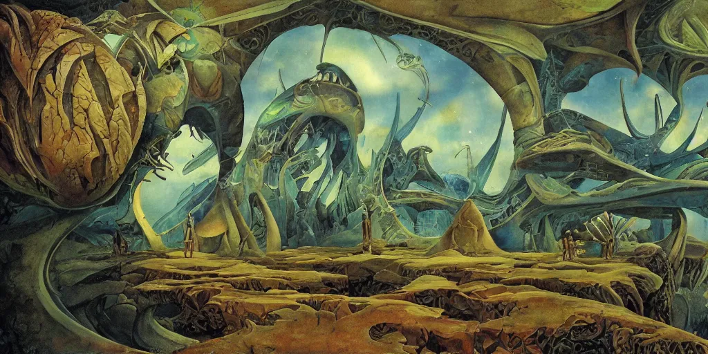 Image similar to a cold epic isograph print of a solarpunk alien by roger dean in the style of renaissance art, trending on art station