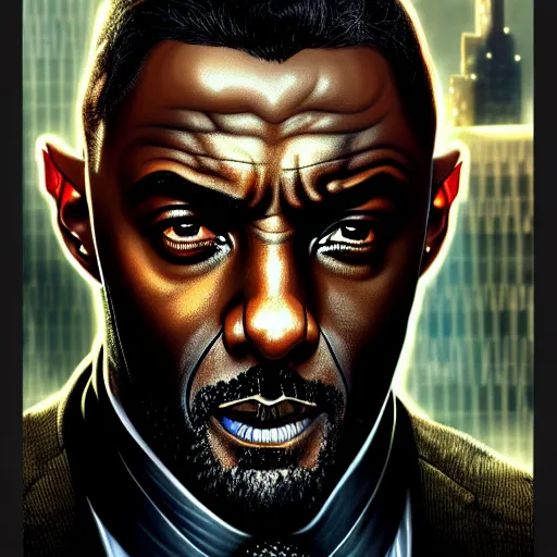 Image similar to portrait painting of a cyberpunk elven corporate boss idris elba, ultra realistic, concept art, intricate details, eerie, highly detailed, photorealistic, octane render, 8 k, unreal engine. art by artgerm and greg rutkowski and charlie bowater and magali villeneuve and alphonse mucha