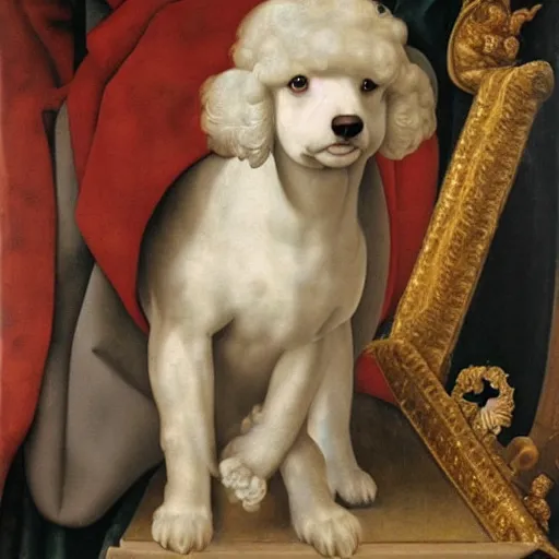 Image similar to portrait of a white poodle as an italian queen, painting by michelangelo