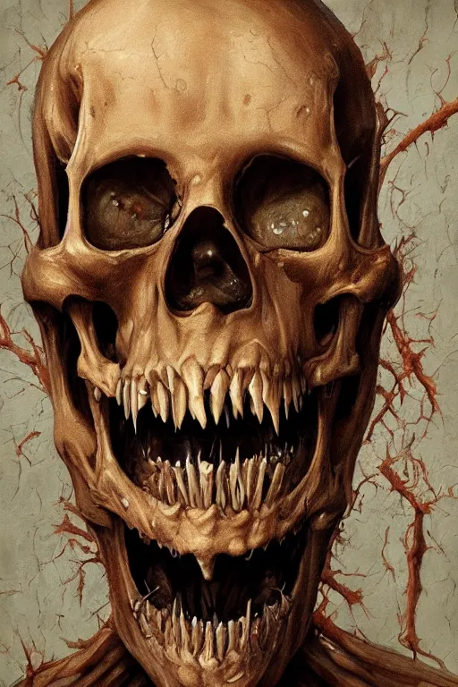 Image similar to Haunting horrifying detailed painting of a man with half a skeleton face and fleshy growths on his face, sharp teeth and dead eyes without iris, hyper detailed, trending on Artstation