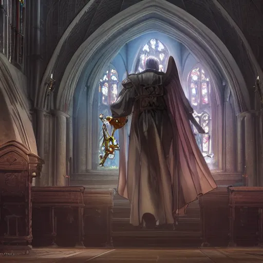 Image similar to angel protecting man who is praying inside a gothic church by Stanley Artgerm Lau, WLOP, Rossdraws, James Jean, Andrei Riabovitchev, Marc Simonetti, Yoshitaka Amano, ArtStation, CGSociety