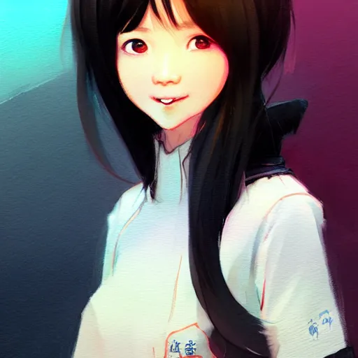 Image similar to character design portrait of a smile grocery asia woman ， black hair, wearing a down jacket, looking at the camera, 4 k, concept art, by wlop, wenjun lin, watercolor, ilya kuvshinov, artgerm, krenz cushart, pixiv.