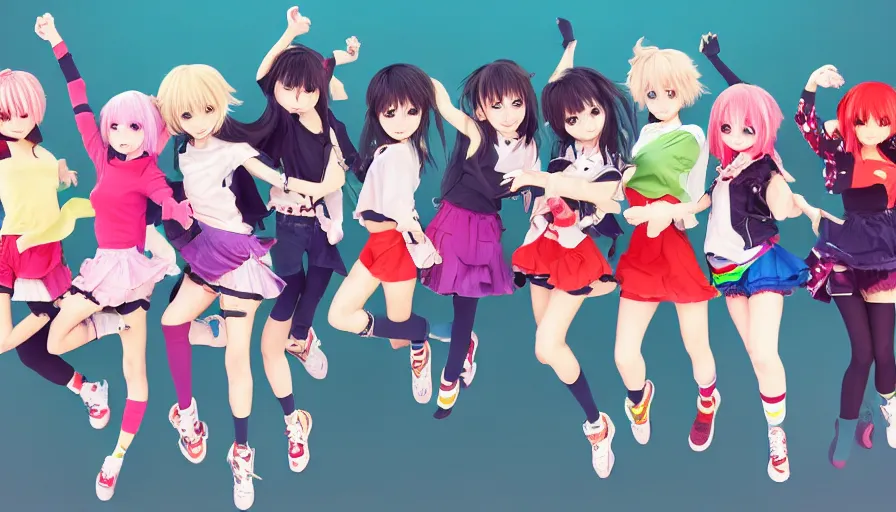 Image similar to group of cute anime characters jumping, colorful outfits, realistic face, detailed face, detailed eyes, short miniskirts, lightly dressed, ultra detailed digital art, hyper real, detailed, group photo, ultra detailed, ground up angle