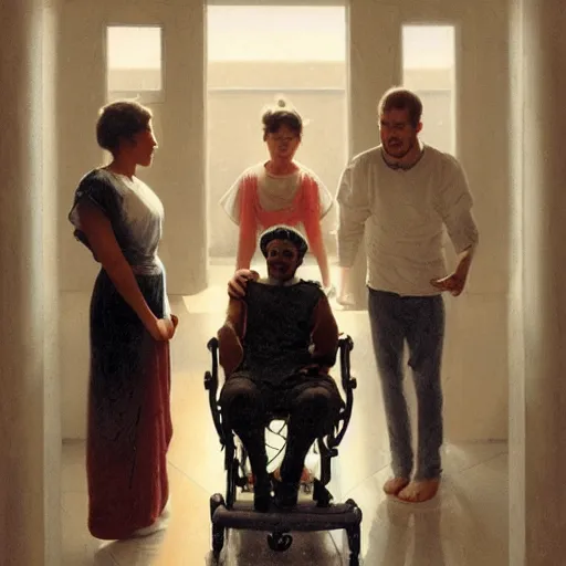 Image similar to a male patient in a wheelchair in the hospital with his wife and son standing by. happy, cheerful, smiling, intricate, face enhance, cinematic lighting, featured in artistation, 8 k, art by greg rutkowski, william adolphe bouguereau