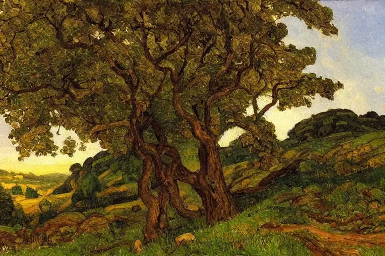 Prompt: masterpiece painting of oak trees on a hillside overlooking a creek, dramatic lighting, by frederick varley