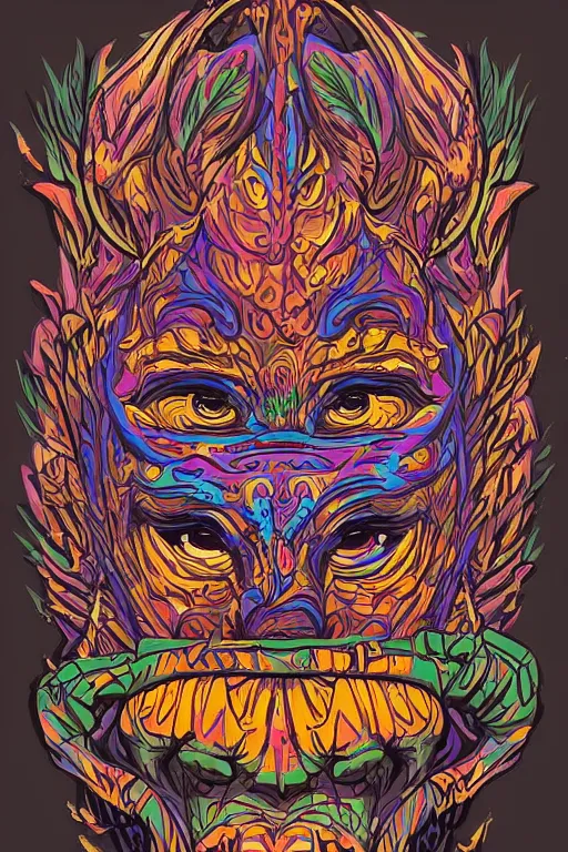 Image similar to animal mask totem roots flower tribal feather gemstone plant wood rock shaman vodoo video game vector cutout illustration vivid multicolor borderlands comics by josan gonzales and dan mumford radiating a glowing aura