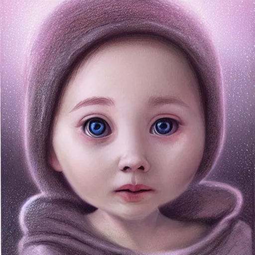Prompt: happy and cute face of young baby sey made by nebula space, face only, model shot, big eyes, pencil drawing, pastel, smooth, soft lights, prism, snow fog, alps mountains, magic by marc simonetti