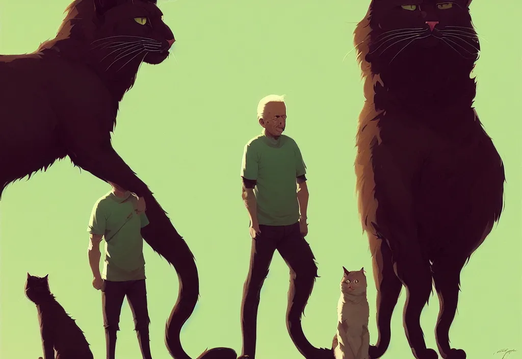 Image similar to portrait of joe biden and giant cat standing together, fantasy, by atey ghailan, by greg rutkowski, by greg tocchini, by james gilleard, by joe gb fenton, dynamic lighting, gradient light green, brown, blonde cream, salad and white colors in scheme, grunge aesthetic