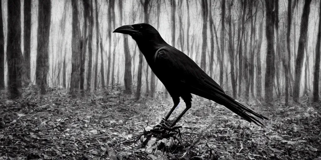 Prompt: mixture between a human and! crow, photograph captured in a forest