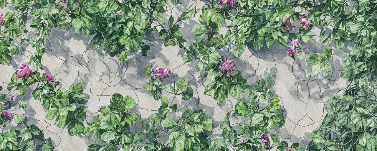 Prompt: drone view, delicate marble in a botanic garden, stony road, on a botanical herbarium paper, watercolor colored painting, iridescent colors, 8 k, realistic shaded, fine details, artstation, italian style, colonnade, vines, flowers, gardena architecture, pompeii