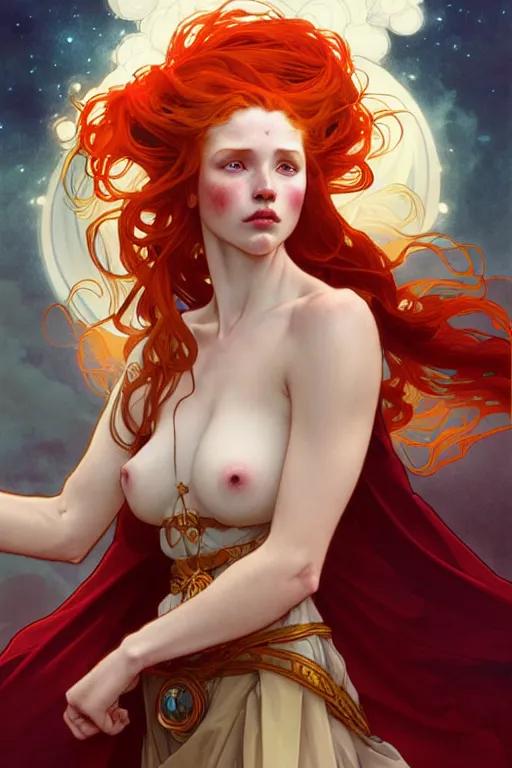 Image similar to a beautiful princess holding a fireball, ginger hair with freckles, wearing long flowing red robes inspired by alphonse mucha, standing on a mountain top with epic clouds and godlike lighting, intricate illustration and highly detailed digital painting. concept art by artgerm. inspired by brom art and larry elmore.