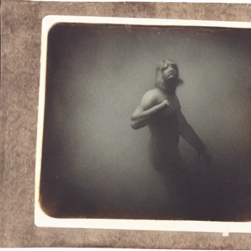 Image similar to tintype photo, bigfoot swimming underwater