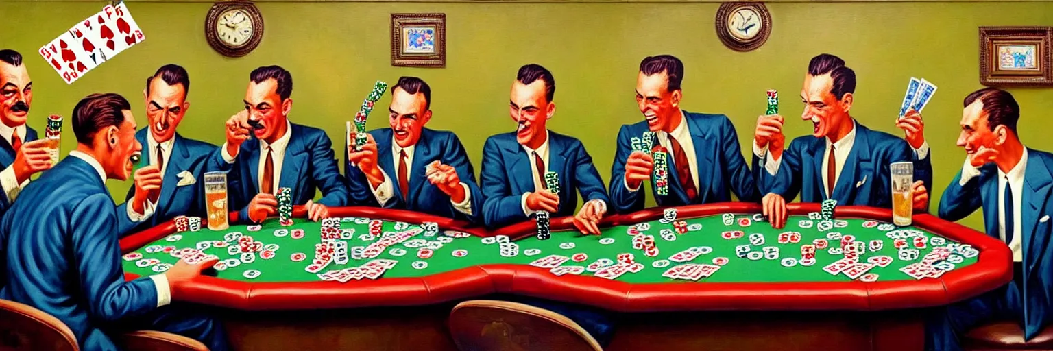 Image similar to dinosaurs wearing vintage suits, playing poker and drinking beer, 1 9 5 0's, oil painting, hyperdetailed