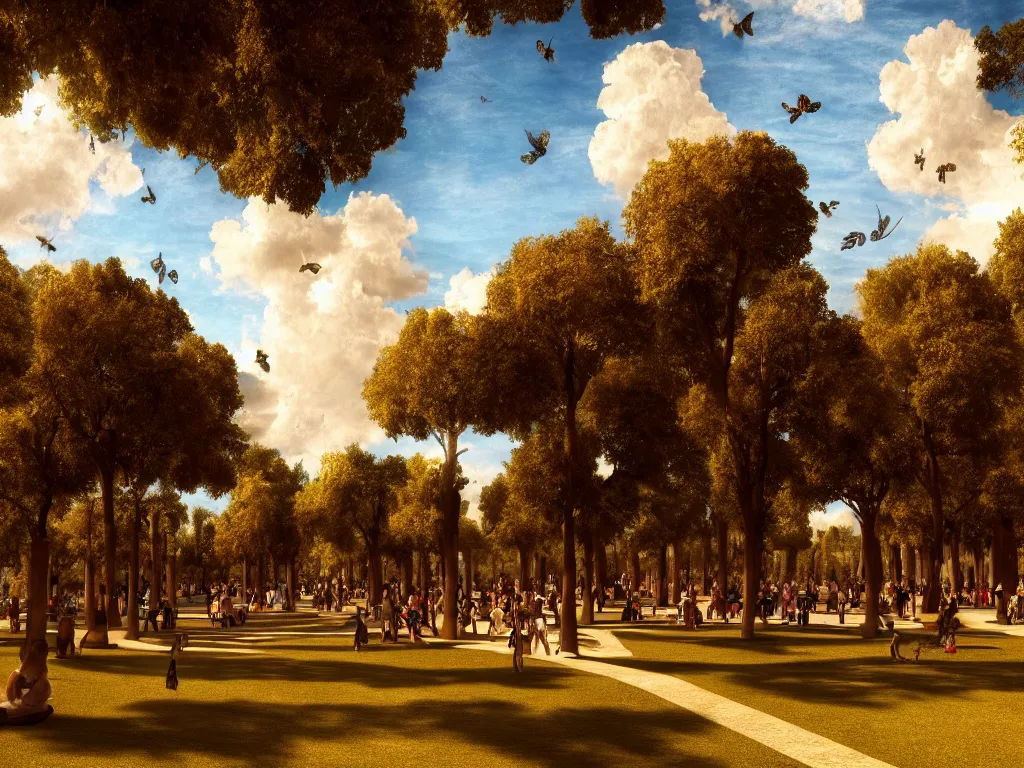 Image similar to a busy elaborate ornate outdoor park designed by leonardo da vinci, cinematic, shadows, partly cloudy day, 4 k, detailed, by