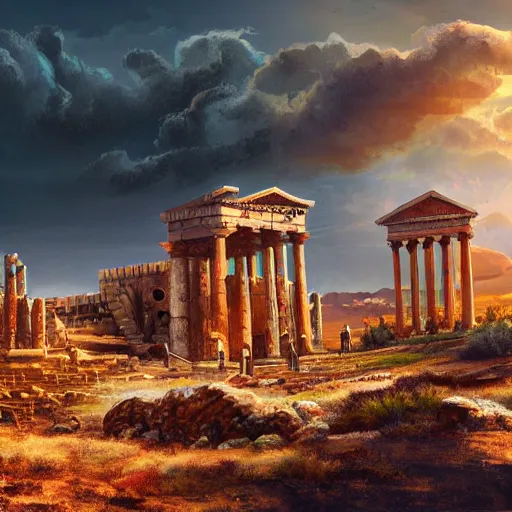 Prompt: Cinematic view of ancient fantasy city with greek architecture in a searing desert; fantasy art
