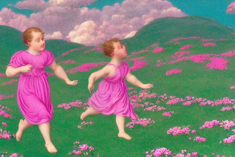 Image similar to a staffordshire terrier in a pink baby dress running through a field of flowers, in the style of maxfield parrish