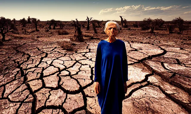 Image similar to medium shot of a nondescript crying ancient dried up Danu, peaceful, facing the camera and standing in front of a dried up river in a desolate land, dead trees, blue sky, hot and sunny, highly-detailed, elegant, dramatic lighting, artstation, 4k, cinematic landscape, photograph by Elisabeth Gadd