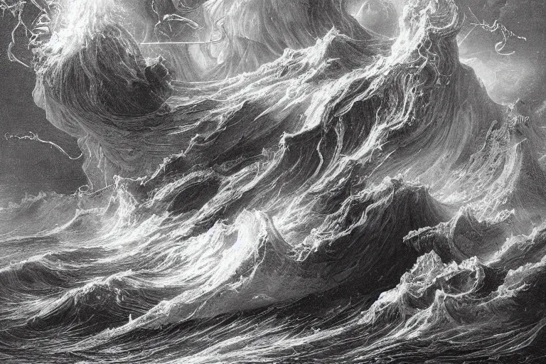 Image similar to highly detailed and cinematic romantic, edge of the universe, big open book, open book page, don quixote left the book, symmetrical face, magical, roman myth, masterpiece, crashing waves, lightning, highly detailed painting by gustave dore