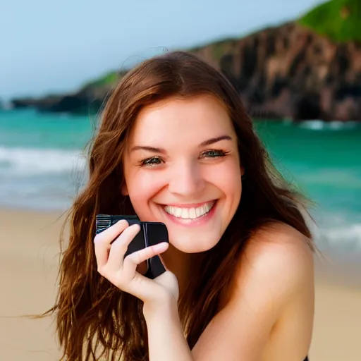 Image similar to Selfie photograph of a cute young woman with bronze brown hair and vivid green eyes, smiling smugly, soft focus, medium shot, mid-shot, beach background