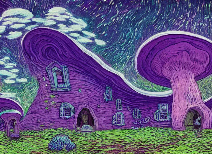 Image similar to detailed painting of a mysterious house inside a giant purple mushroom, mystical dark purple landscape at night, dark purple sky, blue bioluminescent life, in the style of moebius and studio ghibli and vincent van gogh and claude monet