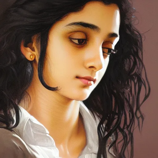 Image similar to portrait of a british teenage girl with wavy black hair, mixed desi girl with dark brown skin, half english half indian, glowing skin, fantasy, intricate, elegant, dress shirt, school uniform, highly detailed, digital painting, artstation, concept art, smooth, sharp focus, illustration, art by Krenz Cushart and Artem Demura and alphonse mucha