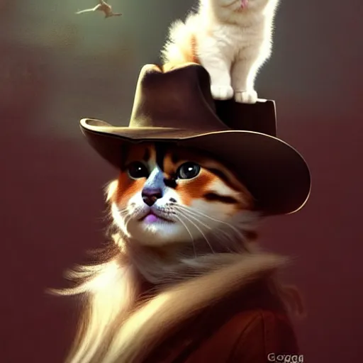 Image similar to fluffy cat in cowboy hat like a tiny girl riding on the back of a giant corgi, by greg rutkowski