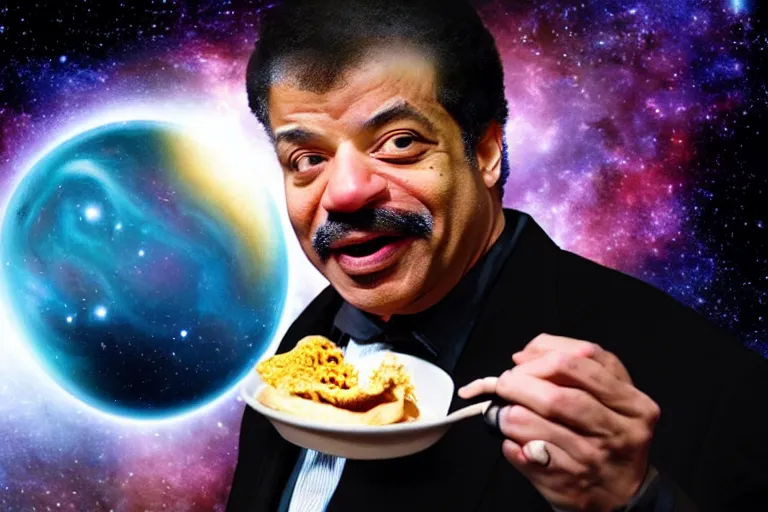 Prompt: a cinematic still of ((neil degrasse tyson)) ferociously eating a galaxy, galactus!!!!, masterpiece, (monster), (empty black void)