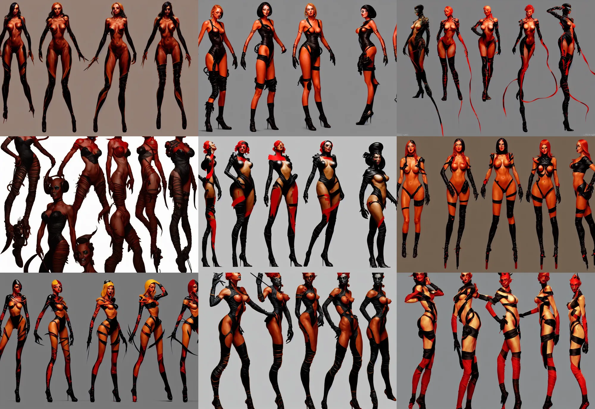 Prompt: three views game character design by illustrator of riot games, donato giancola and greg rutkowski. just one lonely black tape project show attctive showgirl!! full body!! future head set. contour light effect!! 8 k. red, golden and black. stage light. octane render. sharp edge. ultra clear detailed